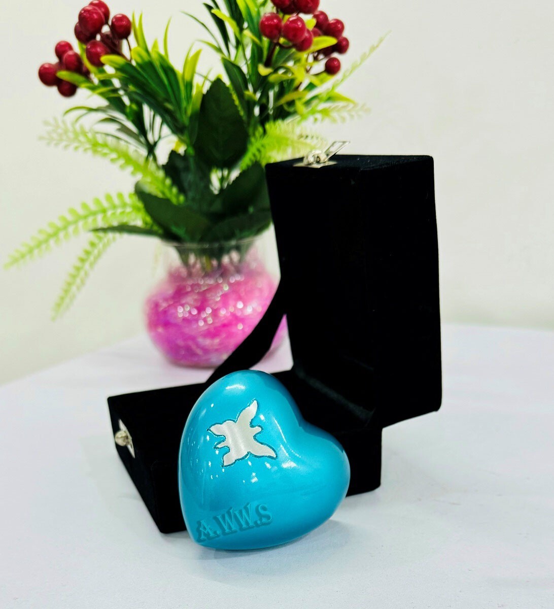 Handcrafted Beautiful Butterfly Sky Blue Urn Heart Shaped with Stand & Box –
