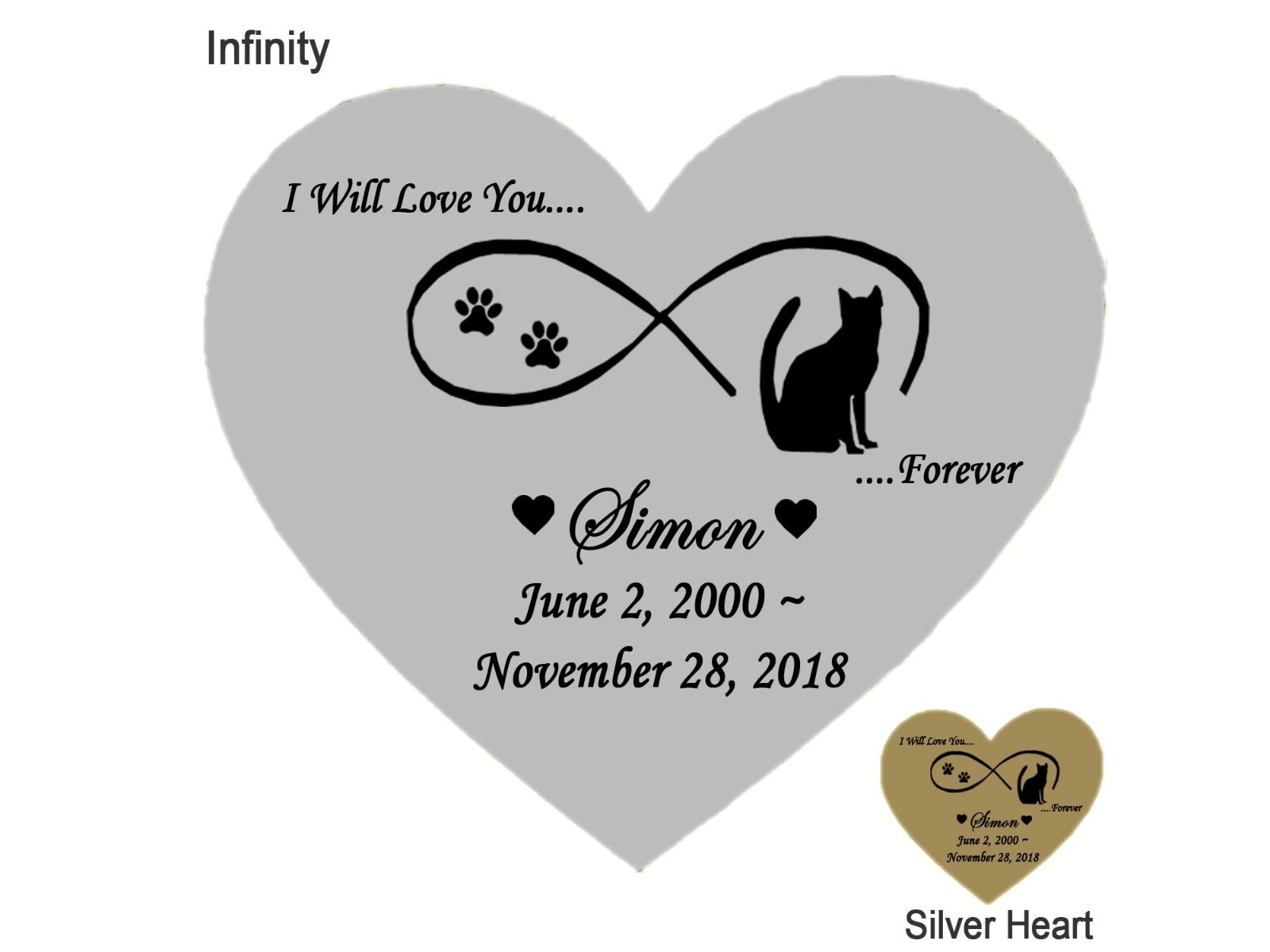 Cat Memorial Engraved Heart Shape Plates Pet Loss – Gold or Silver – 2 Sizes