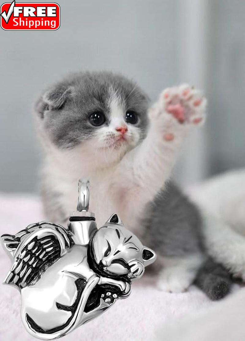 Cute Angel Cat Pet Urn Necklace for Ashes Cremation Jewelry Memorial Animal Stai