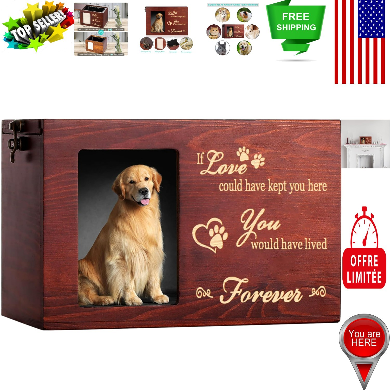 Handcrafted Wooden Pet Cremation Urn with Photo Frame – 140 Cubic Inches
