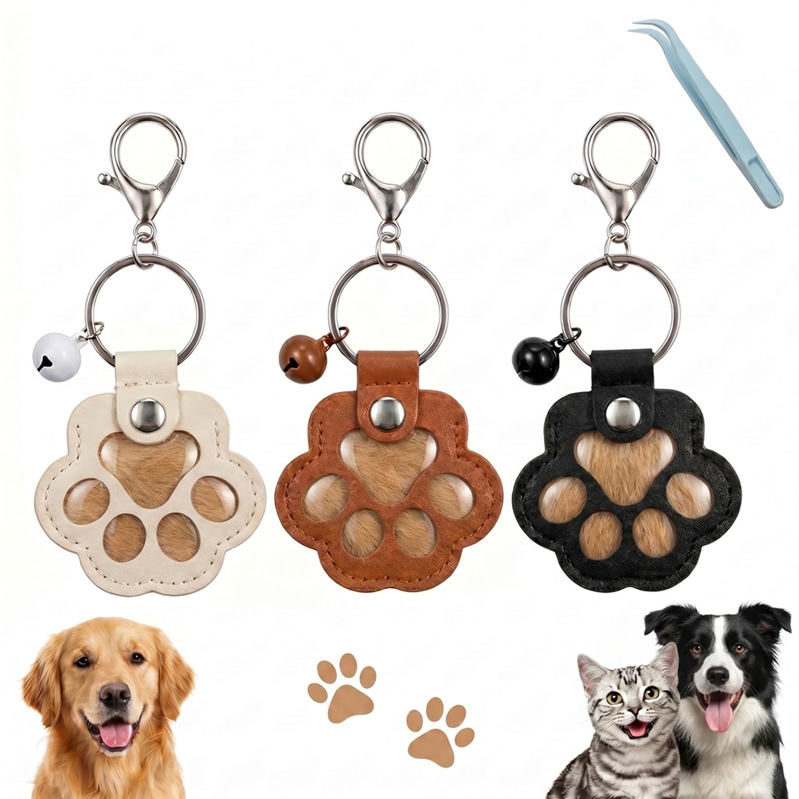 Shmidgoo Cat Dog Hair Keychain Pet Fur Keepsake, Paw Shape Black White Brown