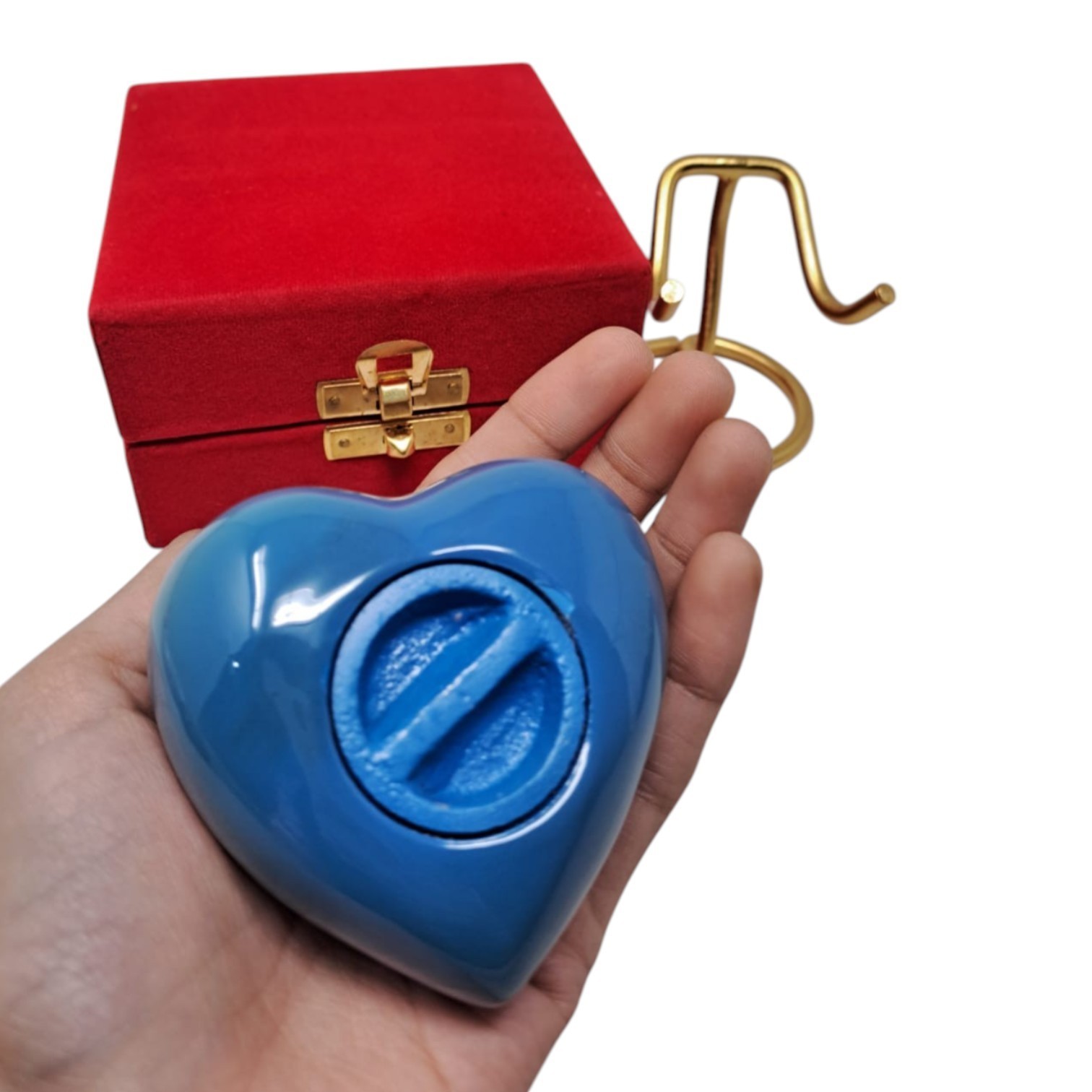 Blue Heart Keepsake Urn for Ashes 3 CI Mini Memorial Urn 2.9″ w/ Stand & Velvet