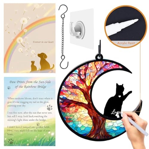 Dog Cat Memorial Suncatcher with Rainbow Bridge Poem Card, Pet Sympathy Gifts