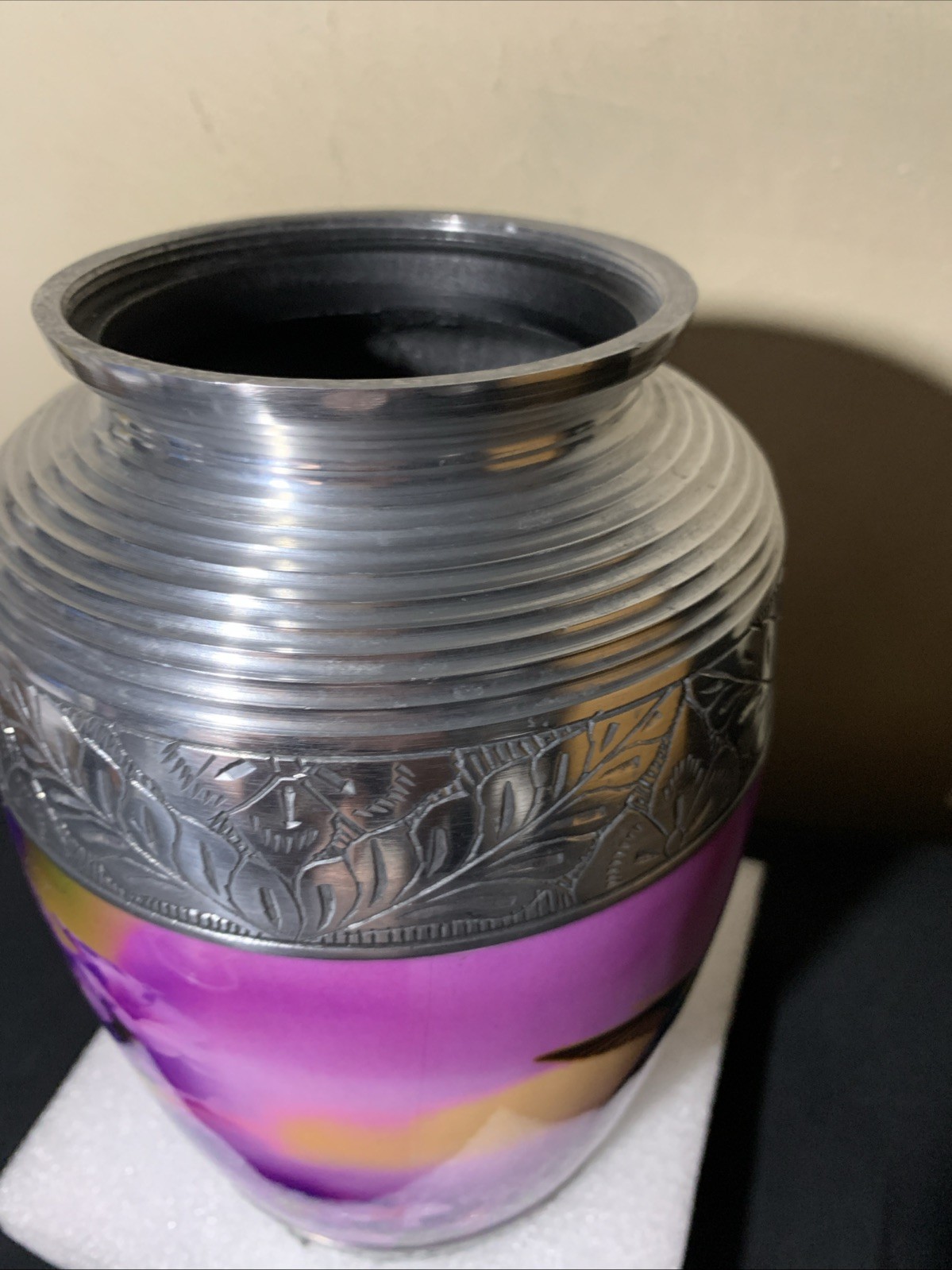 Adult Cremation Urn – Hummingbird Sunrise Serenade Purple & Silver Urn for Ashes