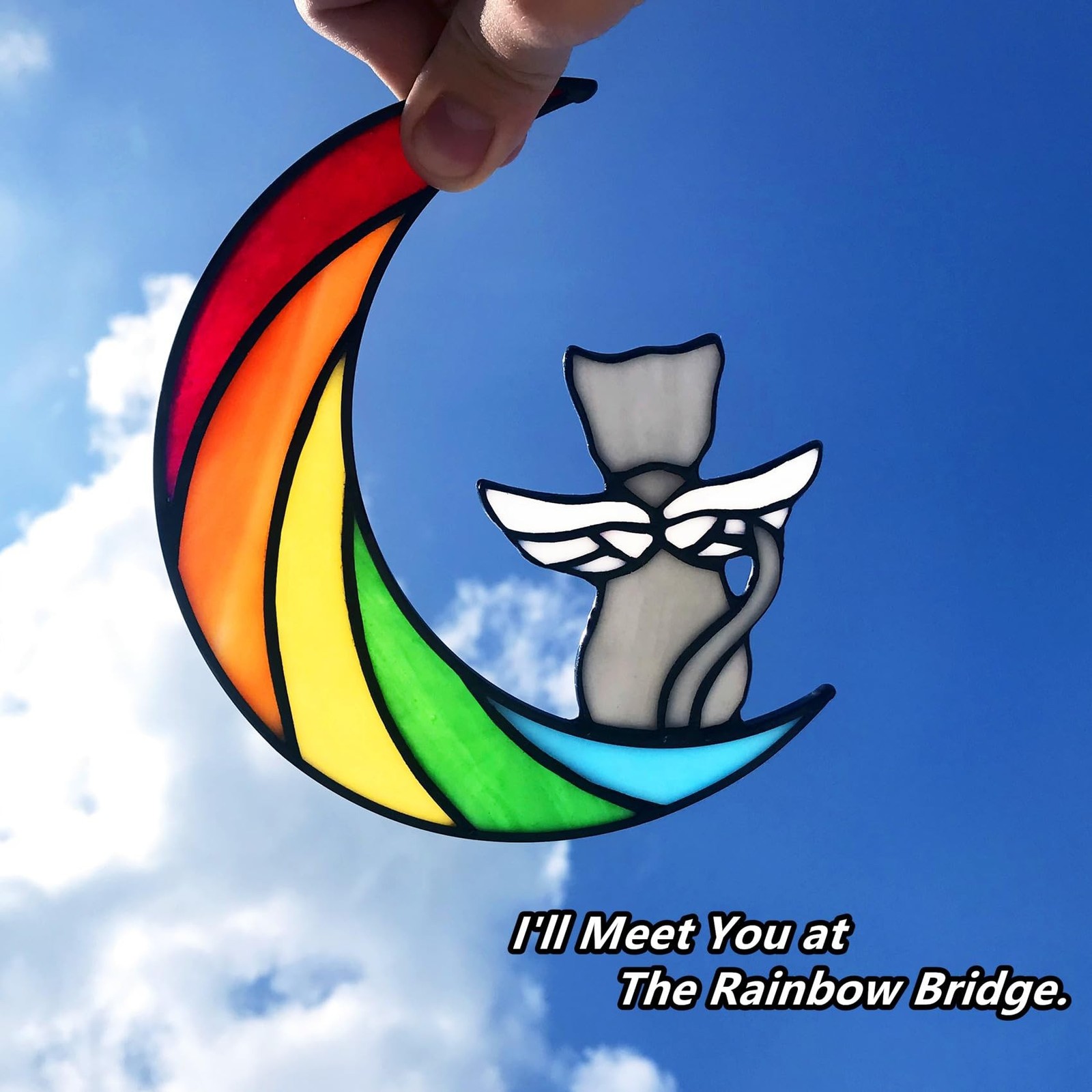 Stained Glass Rainbow Bridge Pet Memorial Gifts, Grey Cat Decor Memorial Gift…