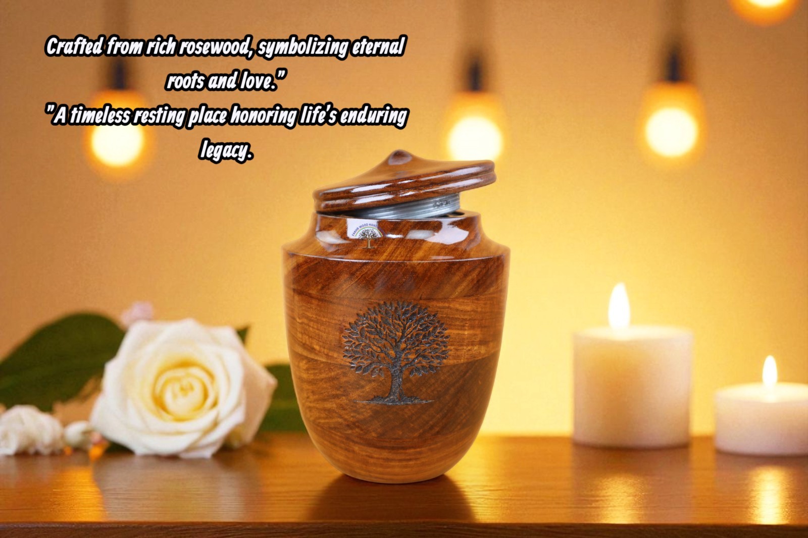 Handcrafted Rosewood Cremation Urn – Tree of Life Engraved Wooden Funeral Urn
