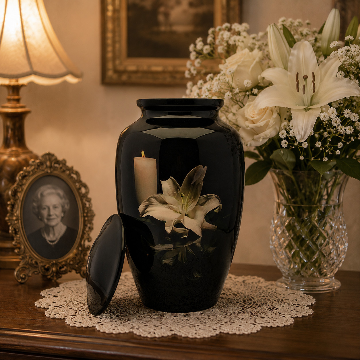 Black Lily Cremation Urn for Human Adult Ashes 190 Cu In Urns Male & Female