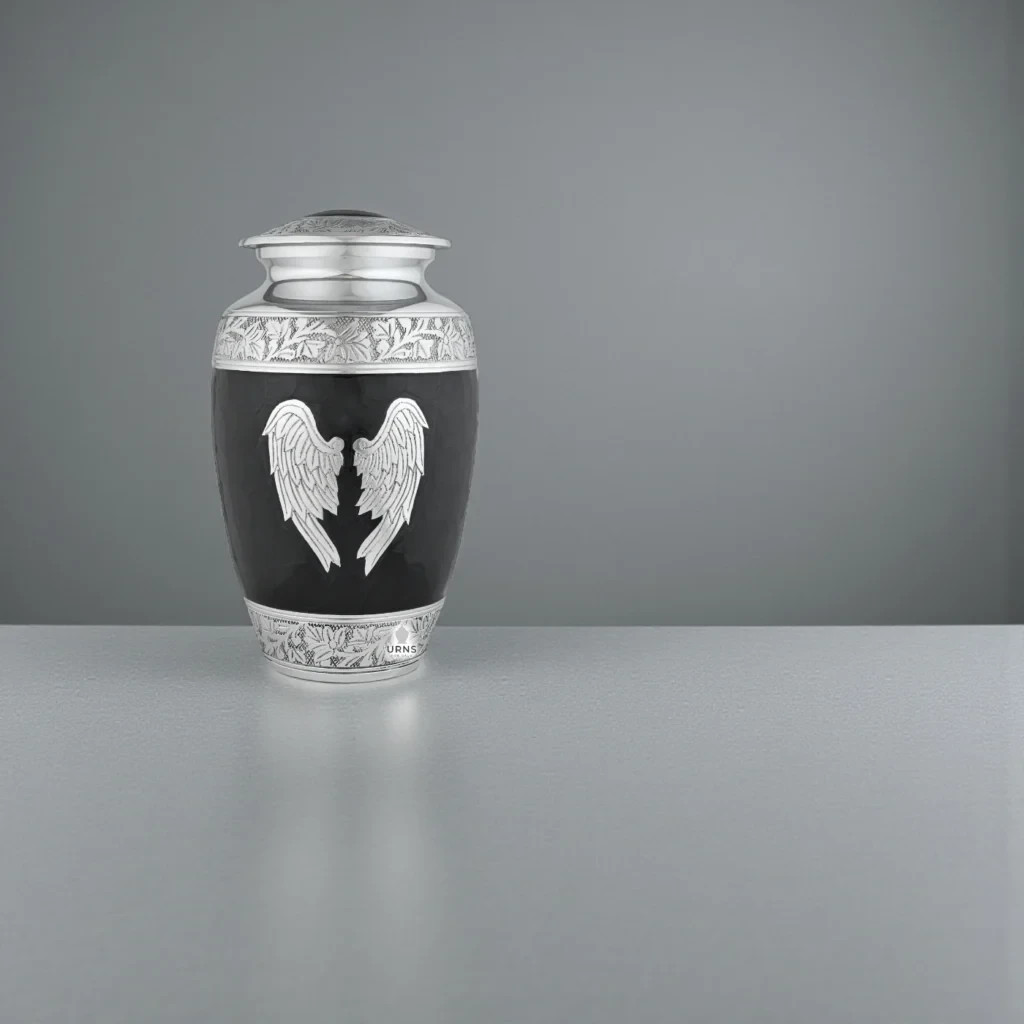 Midnight Wings Angel Urn – Ornate Black and Silver Cremation Urn for Adult Human