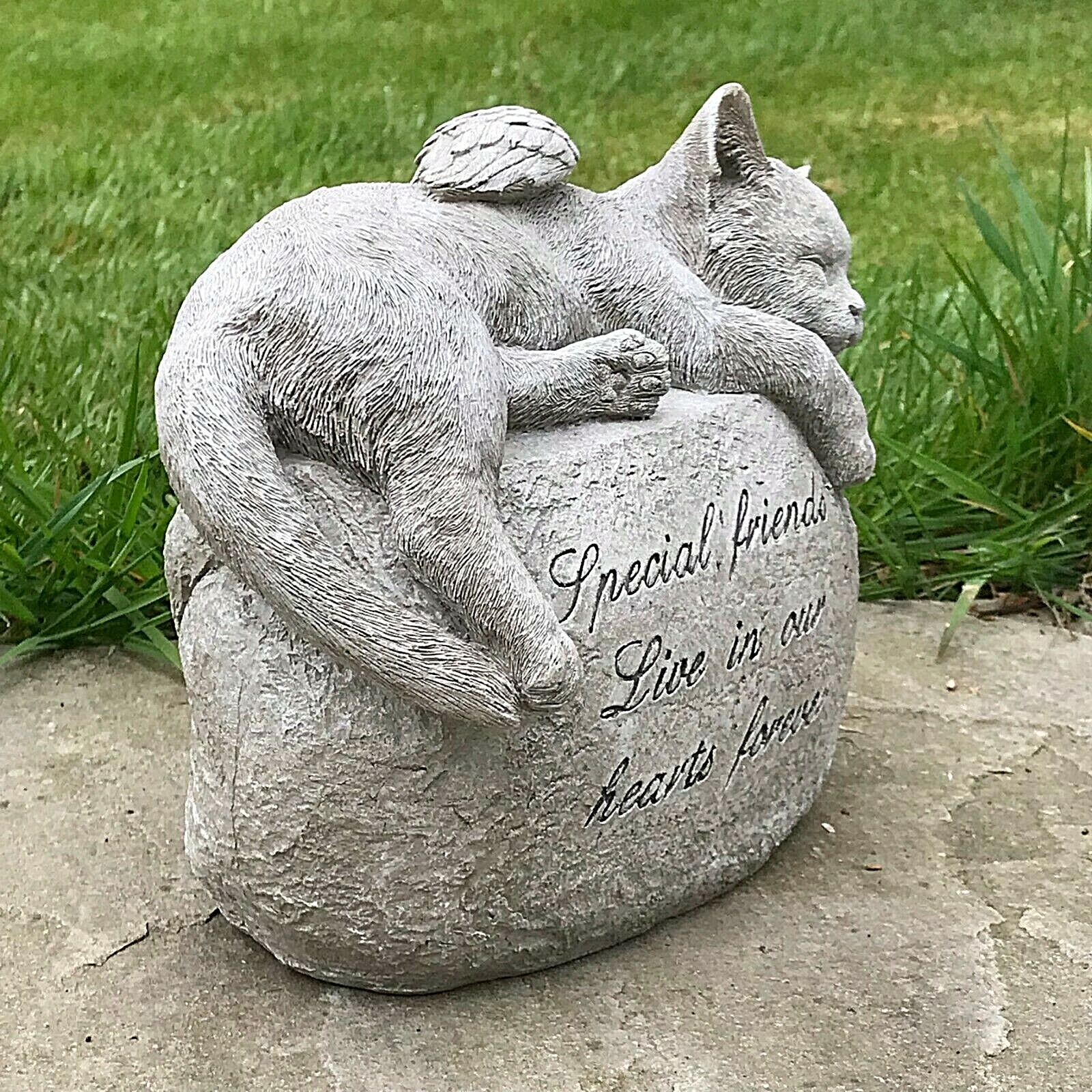 Large Cat with angel wings on stone memorial grave marker ornament pet loss gift