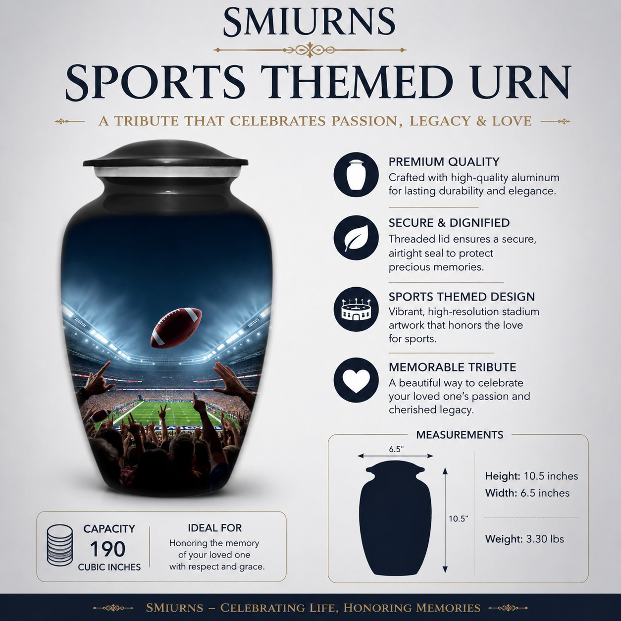 Large Cremation Urn for Human Ashes – Football Theme Memorial Adult Funeral Urns