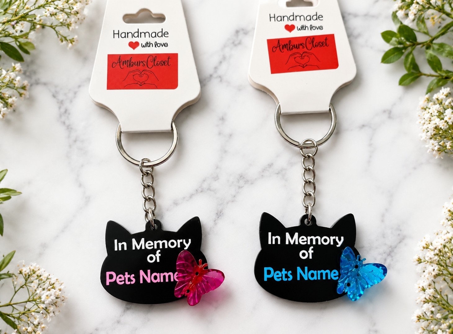 Personalized Cat Memorial Gift Handmade Keychain Butterfly Blue Or Pink