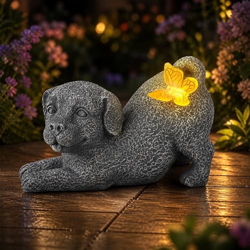 Solar Dog Statue with Butterfly Light, Outdoor Puppy Resin Garden Figurine for