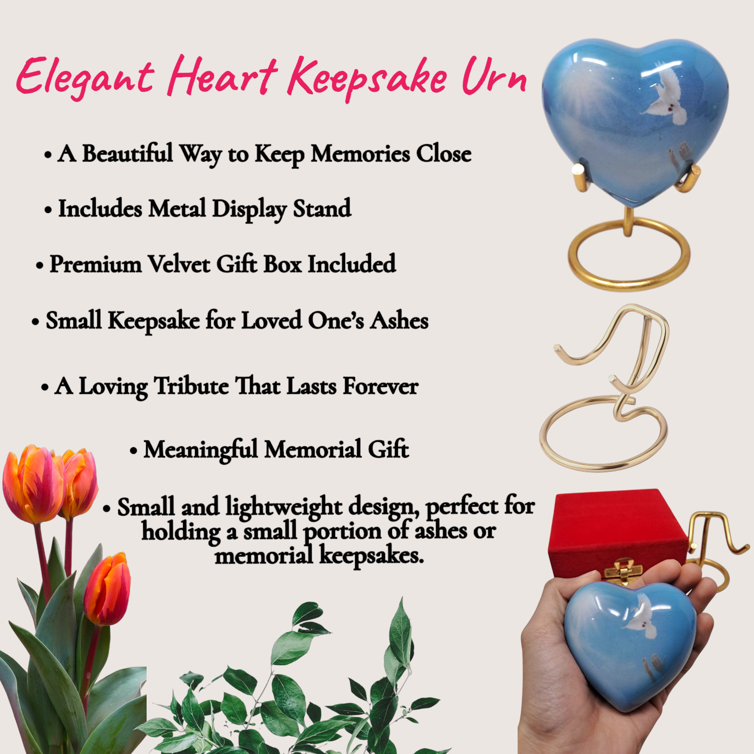 Blue Heart Keepsake Urn for Ashes 3 CI Mini Memorial Urn 2.9″ w/ Stand & Velvet