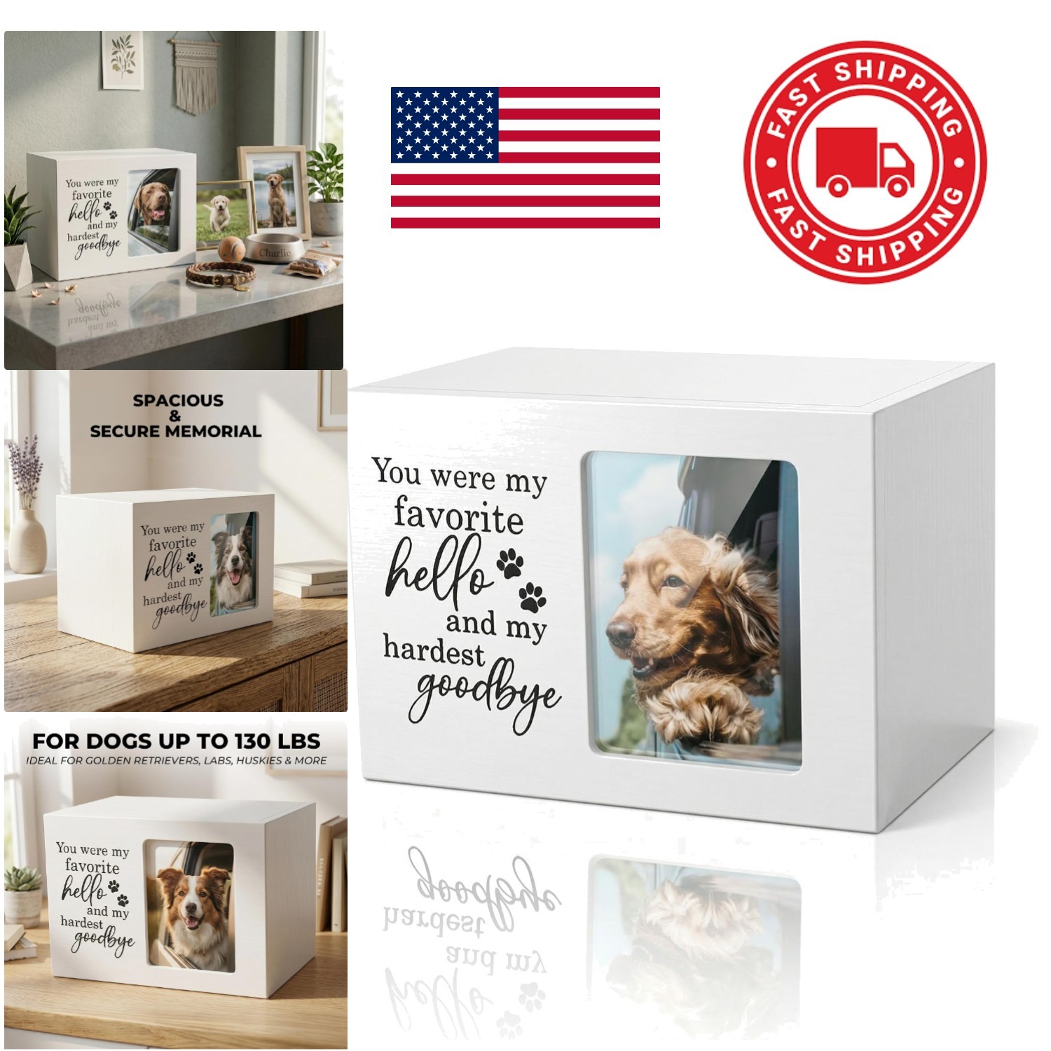 Sympathy Urn for Dog Loss White Wooden Pet Memorial Box with Photo Insert