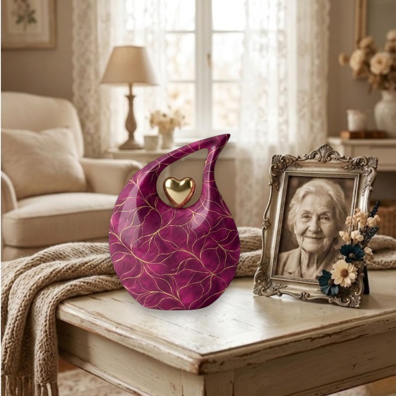 Burgundy Metal Teardrop Cremation Urn 200 Cu In Adult Human Ashes for Love Ones