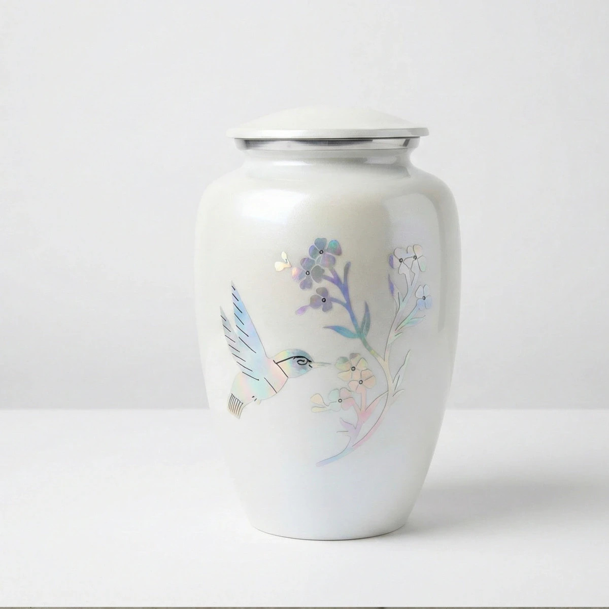 Adult Cremation Urn – White Hummingbird Pearlescent with Silver Trim Aluminium