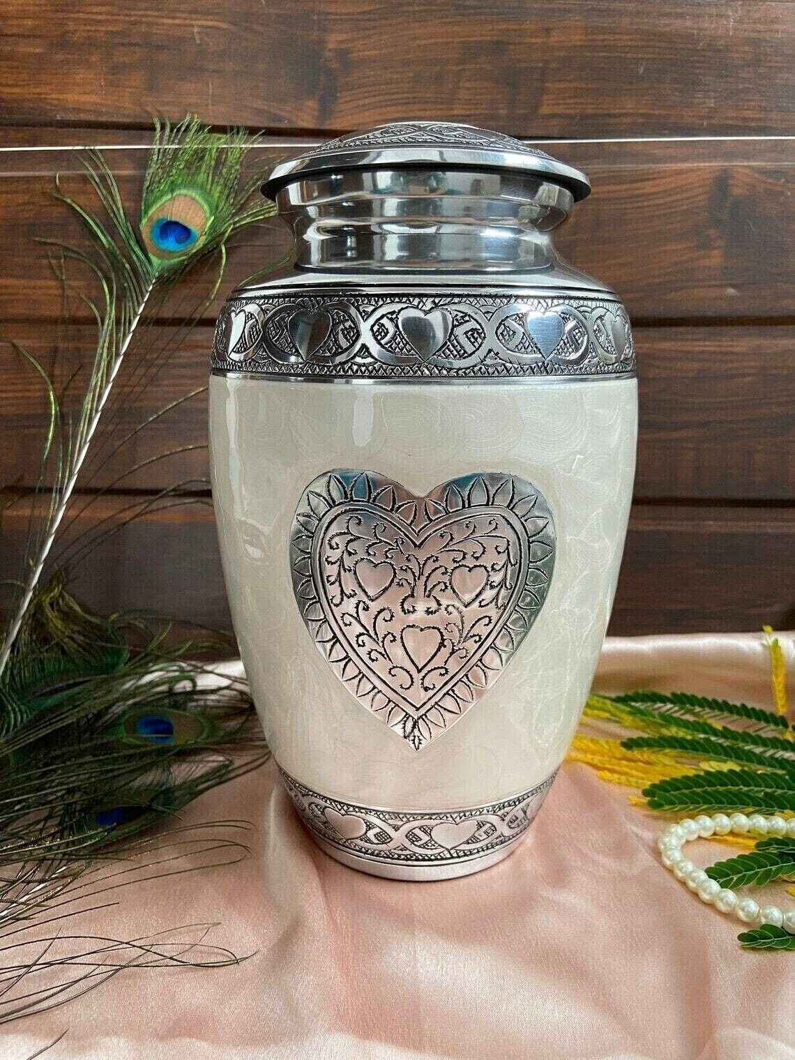 Silver Heart Cremation Urn, Urns for Human Ashes, Large Urns for ashes
