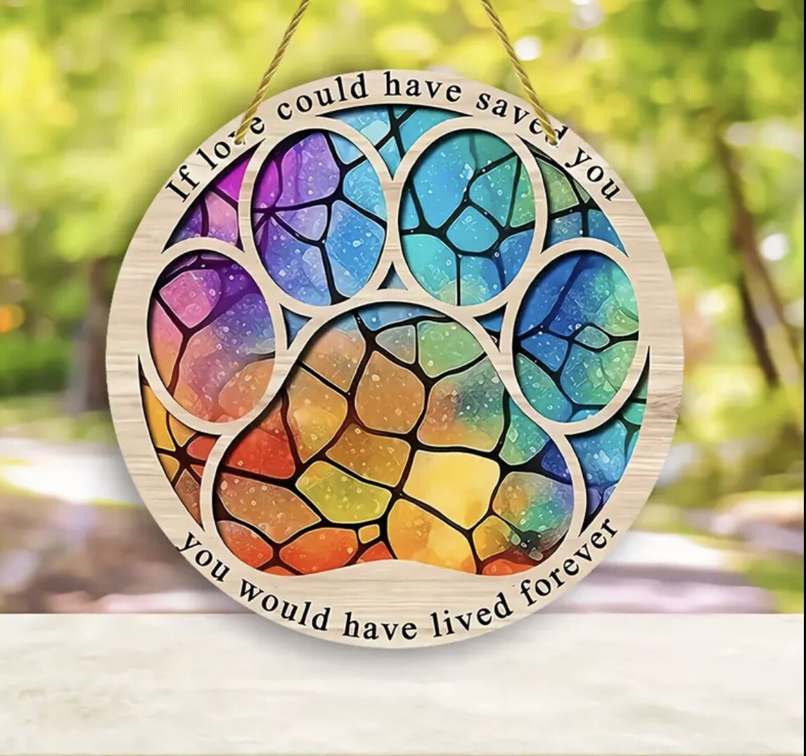 Pet Memorial Wall Hanging Decor Pet Cat Dog Sun Catcher Multicolored Paw Print