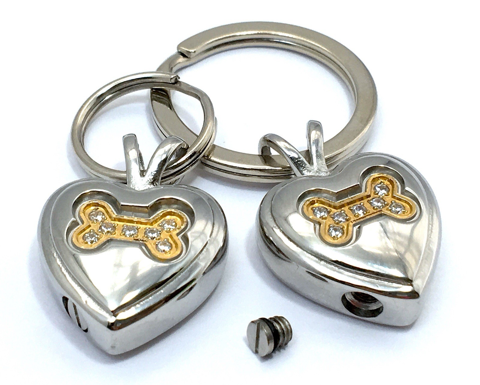 Dog Cremation Pendant Urn Keychain 1″ Key Ring Ash Golden Silver Crystal Bone