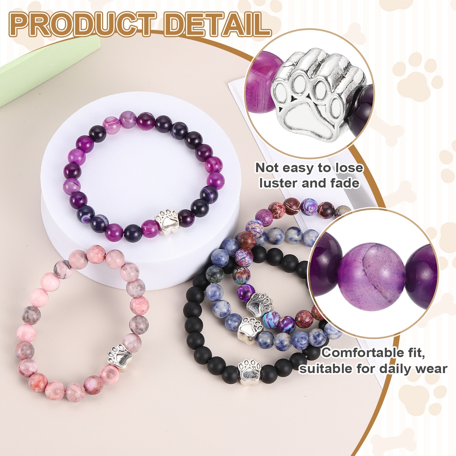 Stone Paw Bracelet,Paw Print Dog Mom Memorial Bracelet,White Blue