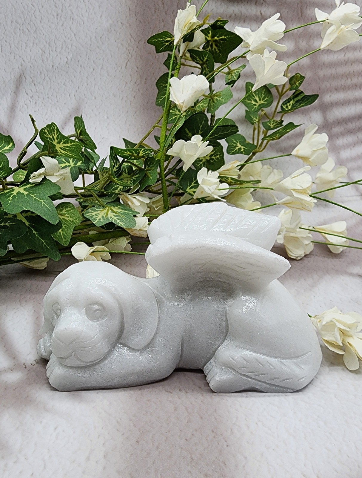 White Jade, Winged Angel Dog, Pet Memorial, Pet Loss Gift, Gemstone Carving