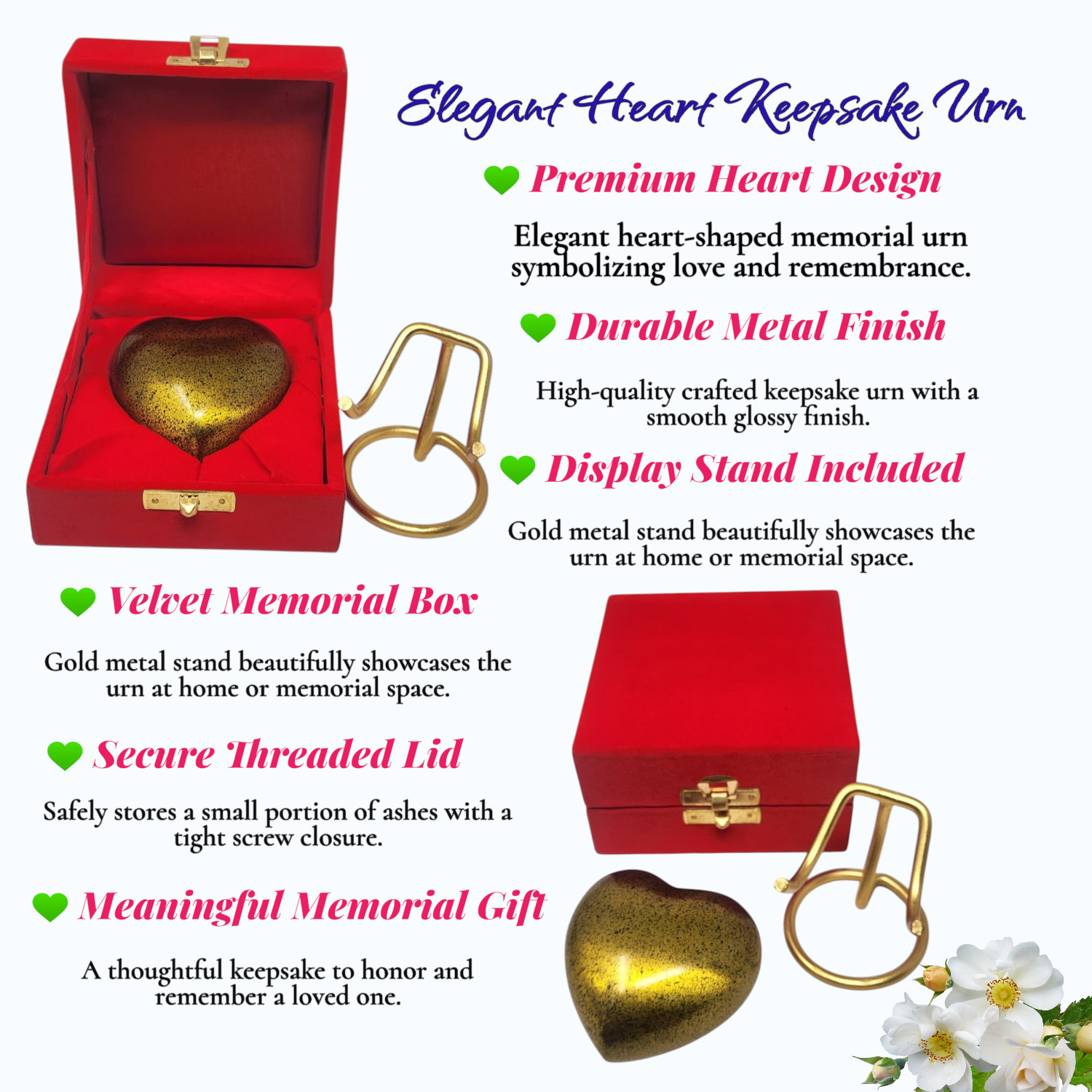 Custom Mini Heart Urn for Ashes Pet Human Keepsake with Stand Velvet Box