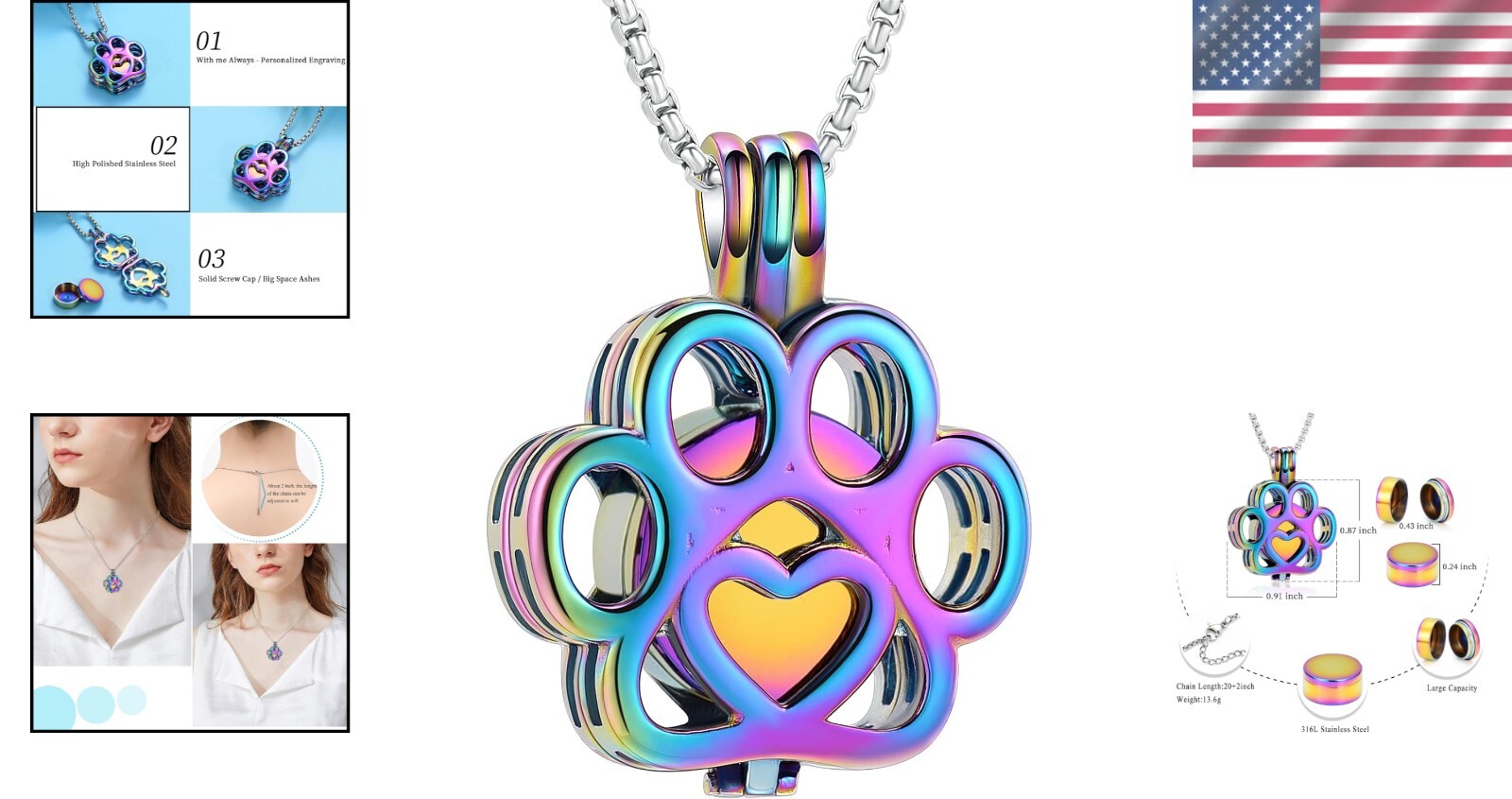 Tranquil Paw Design Memorial Locket Urn Necklace for Pet Ashes – Stainless Steel