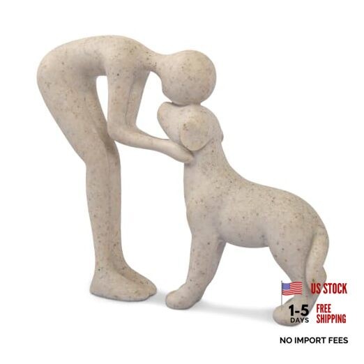 Abstract Resin Hand-Painted Sculpture of Person and Dog Bonding – Sandstone