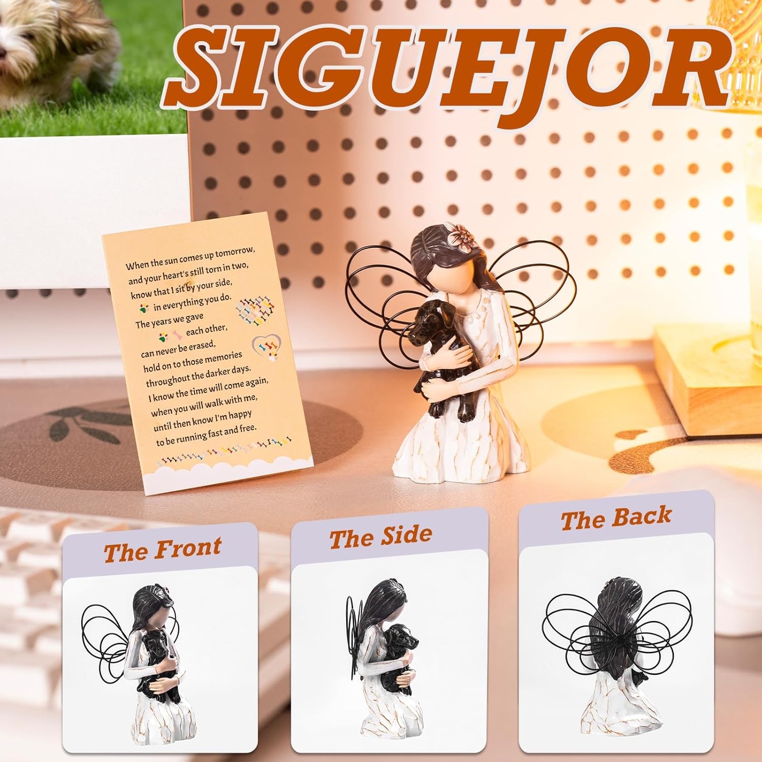 Dog Memorial Gift, Angel Statue Condolence Gift (Black)