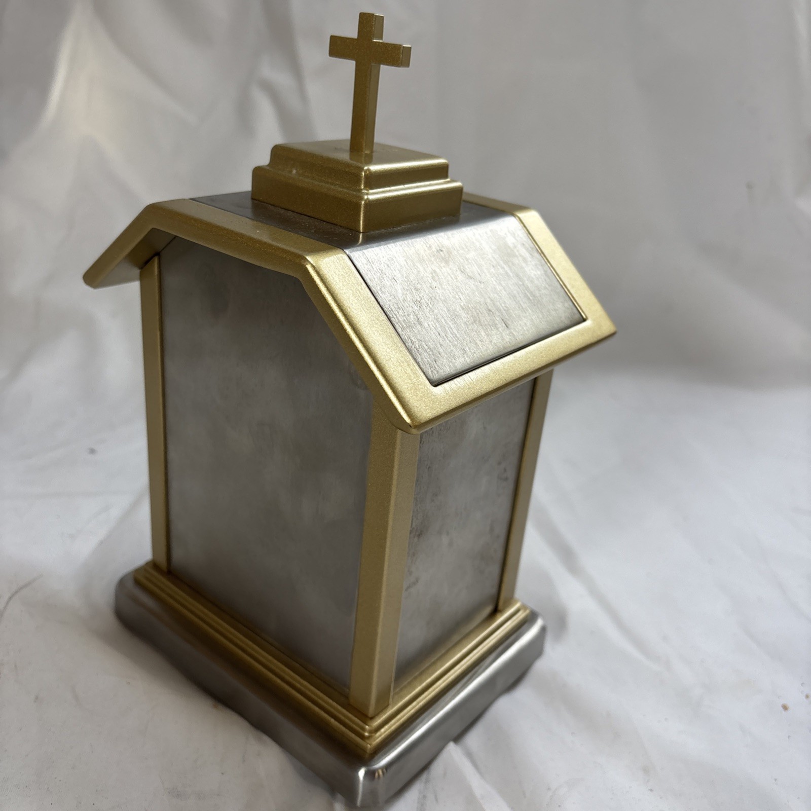 Pet Urn Brushed Chrome and Gold Color Trim Dog / Cat Cremation Urn Cross Journey