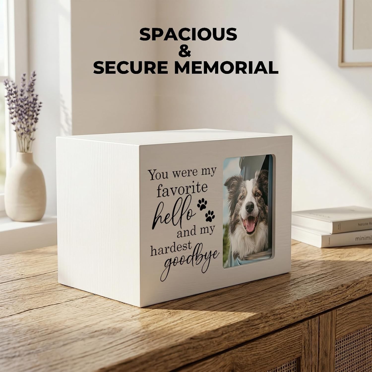 Sympathy Urn for Dog Loss White Wooden Pet Memorial Box with Photo Insert