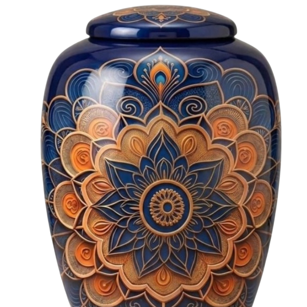 Blue & Gold Mandala Cremation Urn for Human Ashes – Adult Large 190 Cu/In + Bag