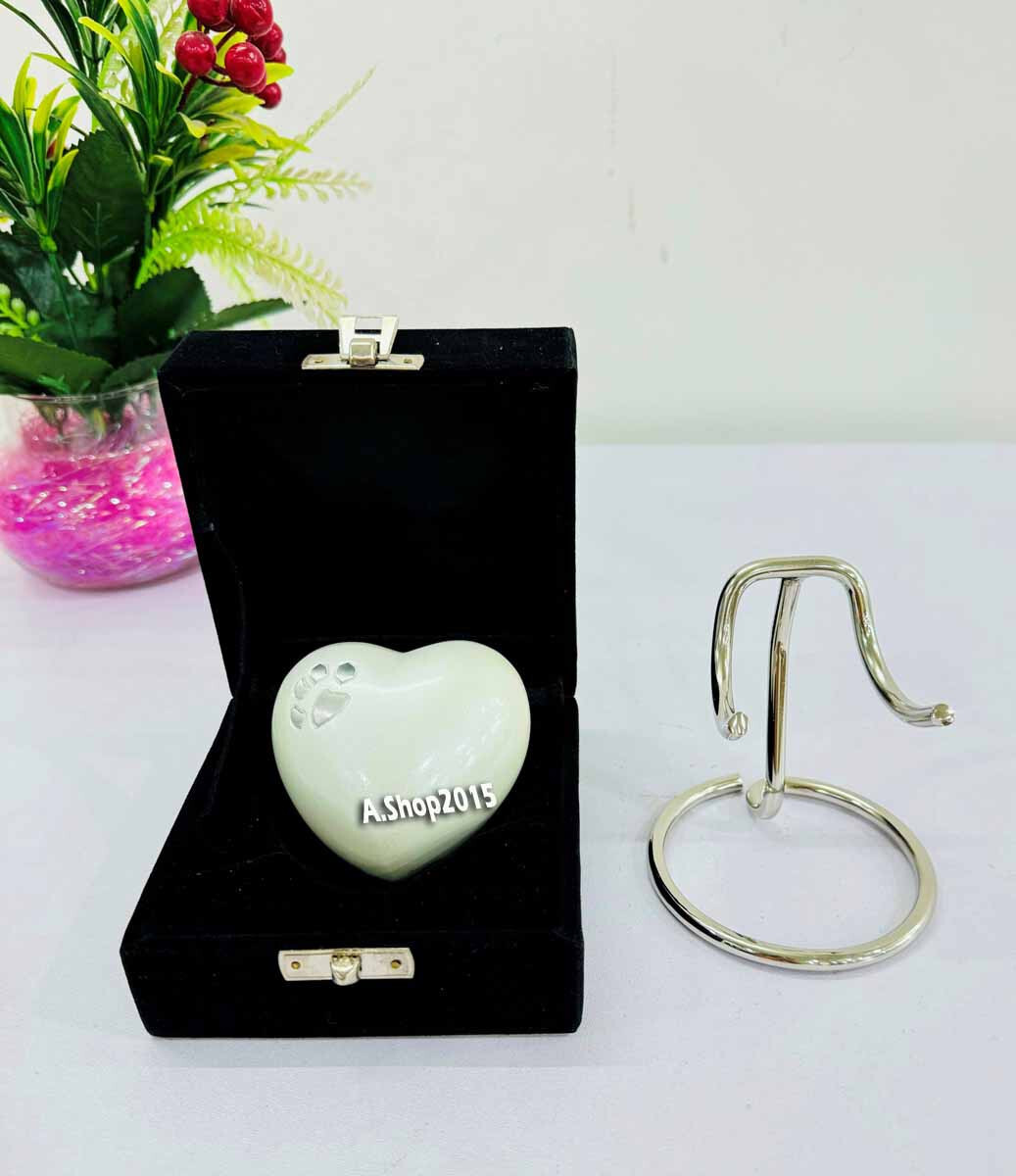 Cremation White Heart Urn for Ashes Memorial Mini Foot Print Urn w/Stand & Box
