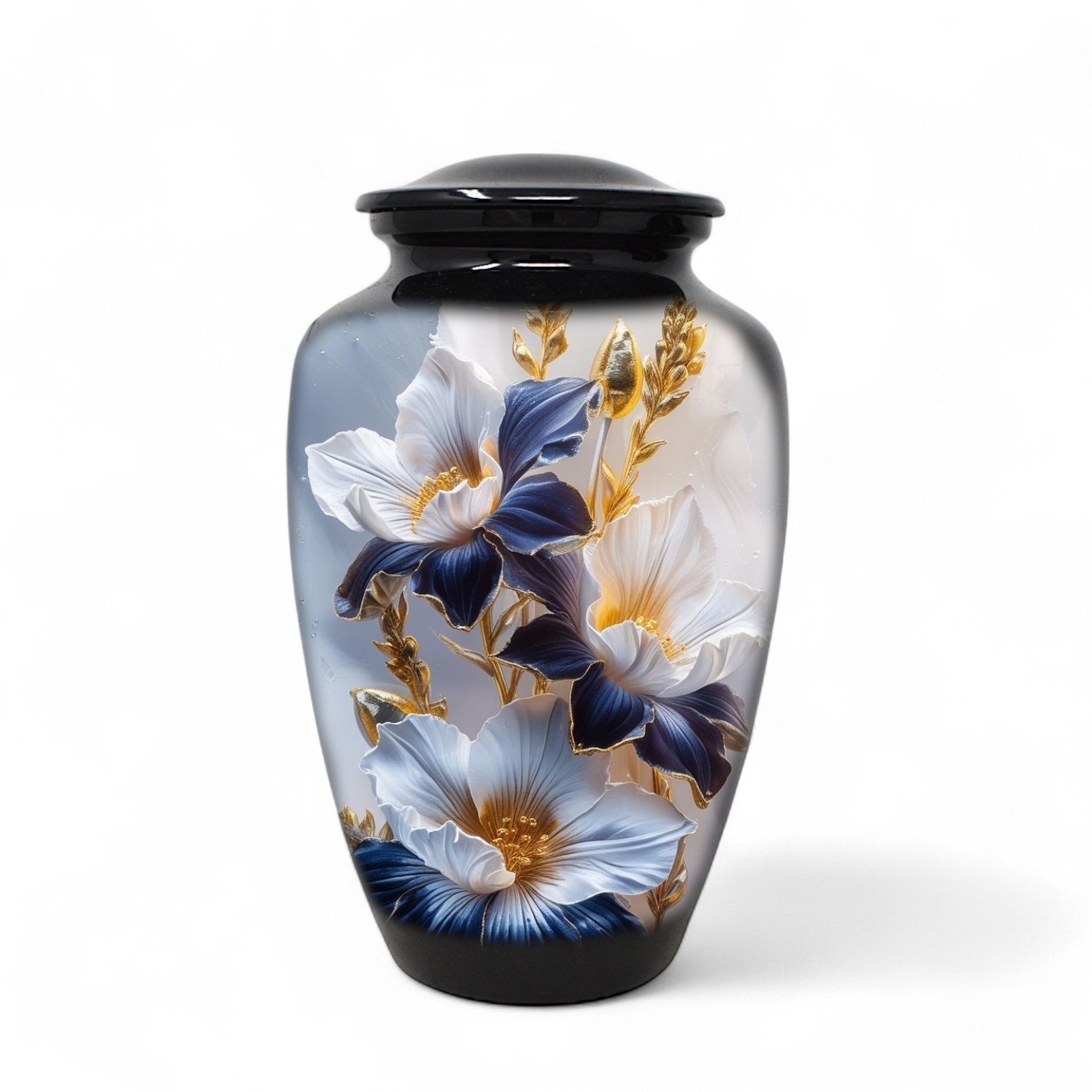 Cremation Urn for Adult Human Ashes 10.5in Gold Iris Flower Memorial Urn