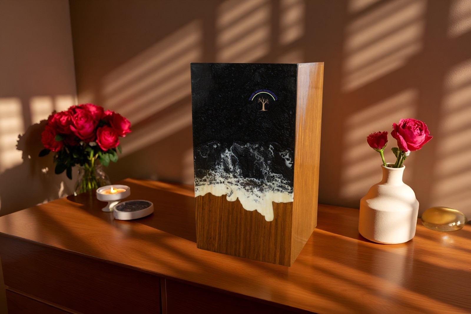 Wooden urn box – Handcrafted Ocean Wave Urn – Wooden Memorial Box for Loved Ones