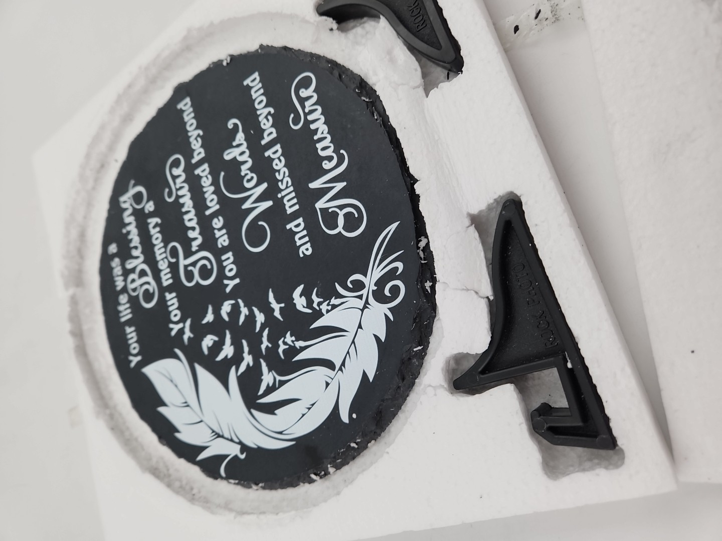 Memorial Slate Stone Gift For Loss Sympathy Dark Gray with Stand 7.4″ D Feather