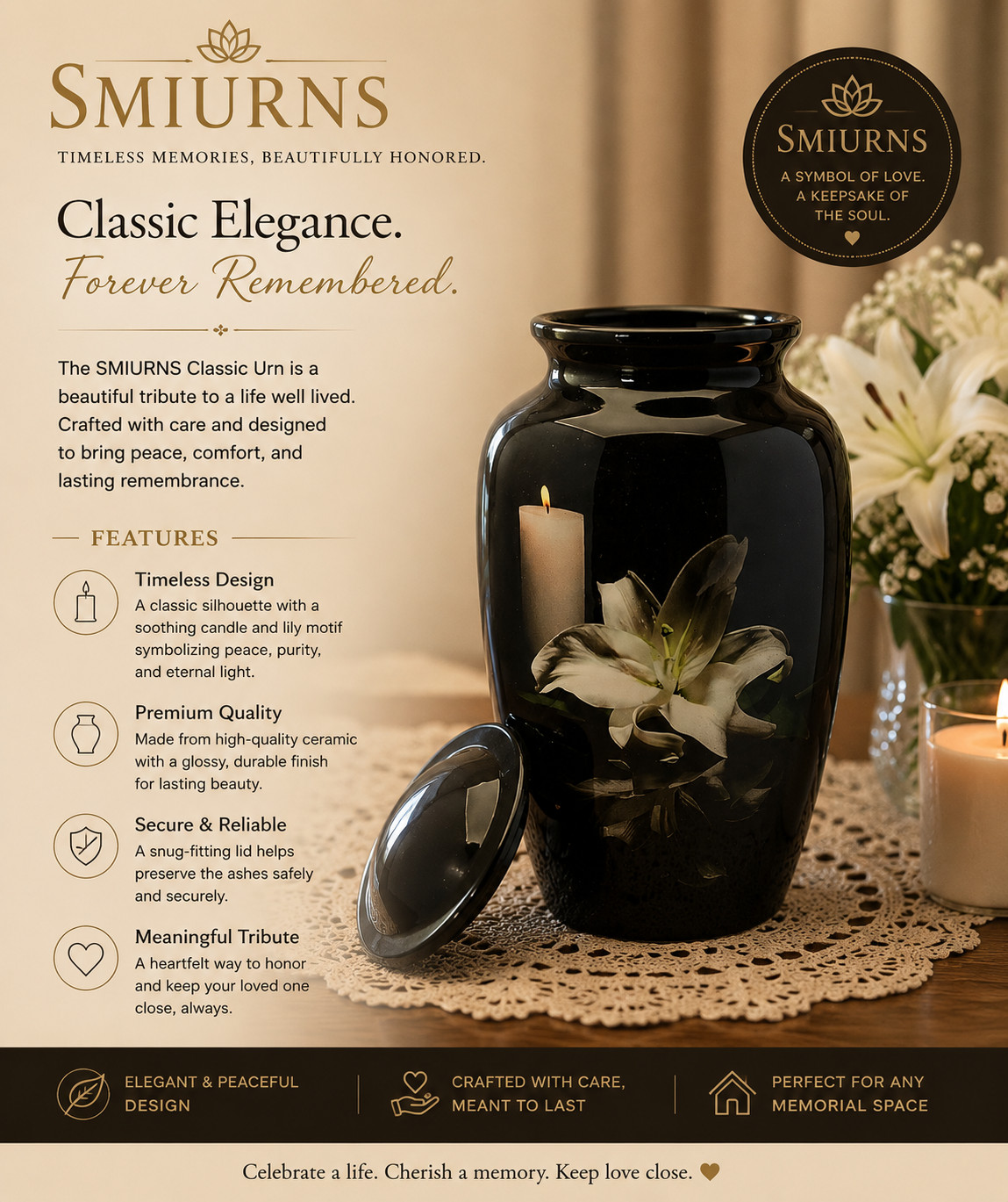 Black Lily Cremation Urn for Human Adult Ashes 190 Cu In Urns Male & Female