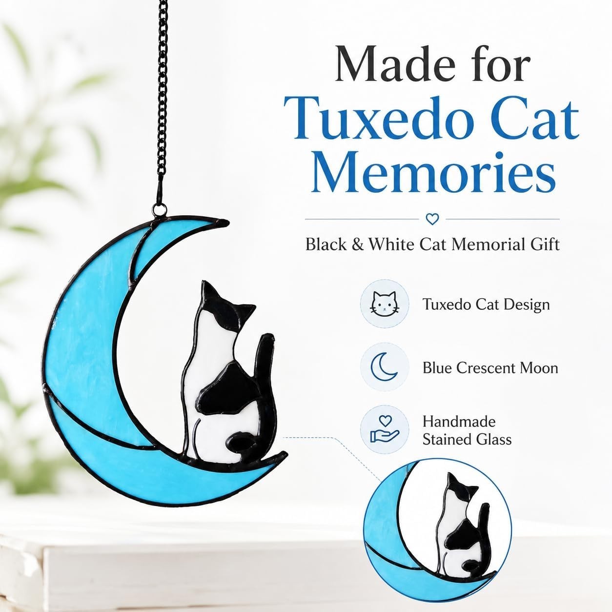 Memorial Stained Glass Tuxedo Cat Suncatcher – 5×6 in for Heartfelt Remembrance