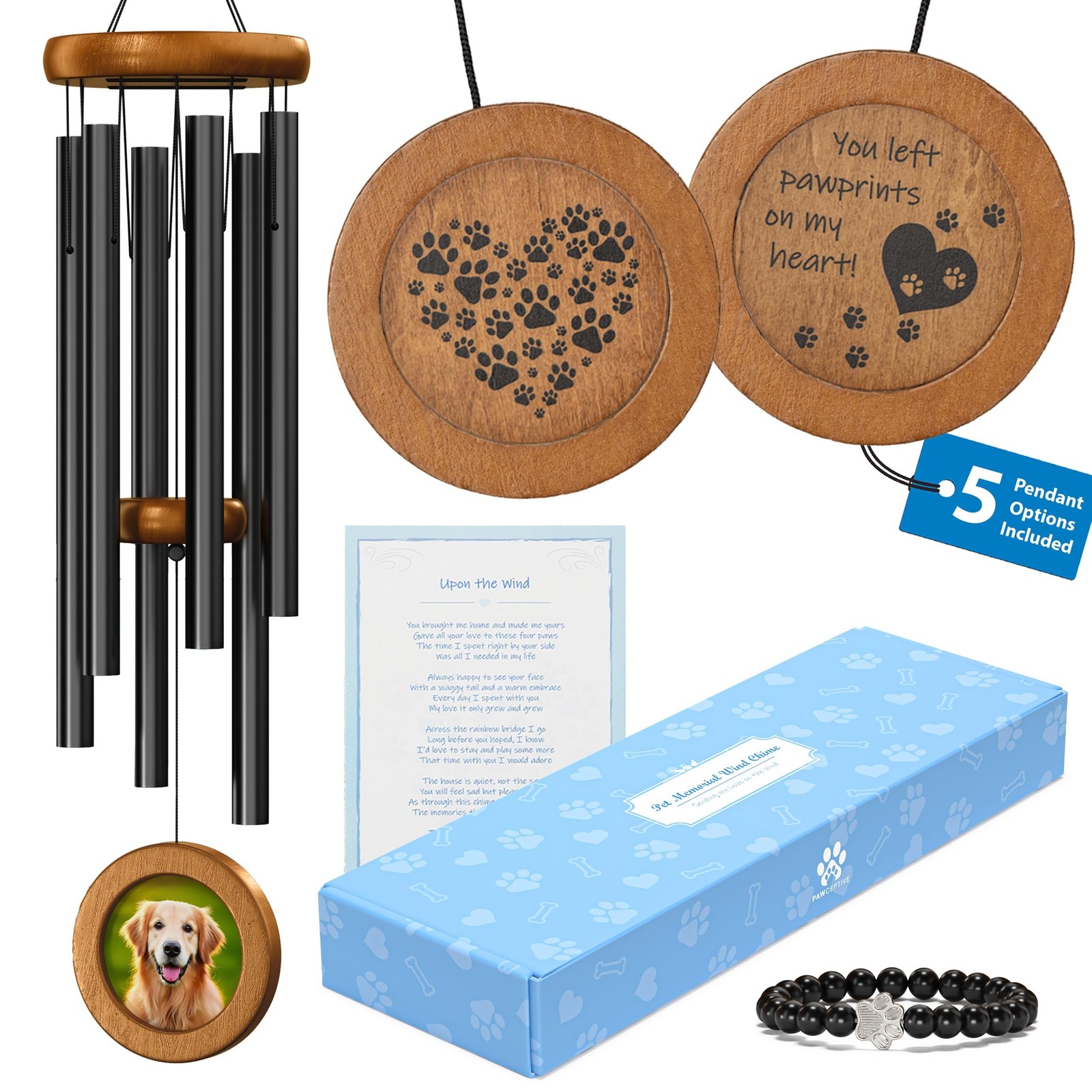 Dog Memorial Wind Chime 28″ with 5 Pendant Designs and Comforting Pet Loss eB…