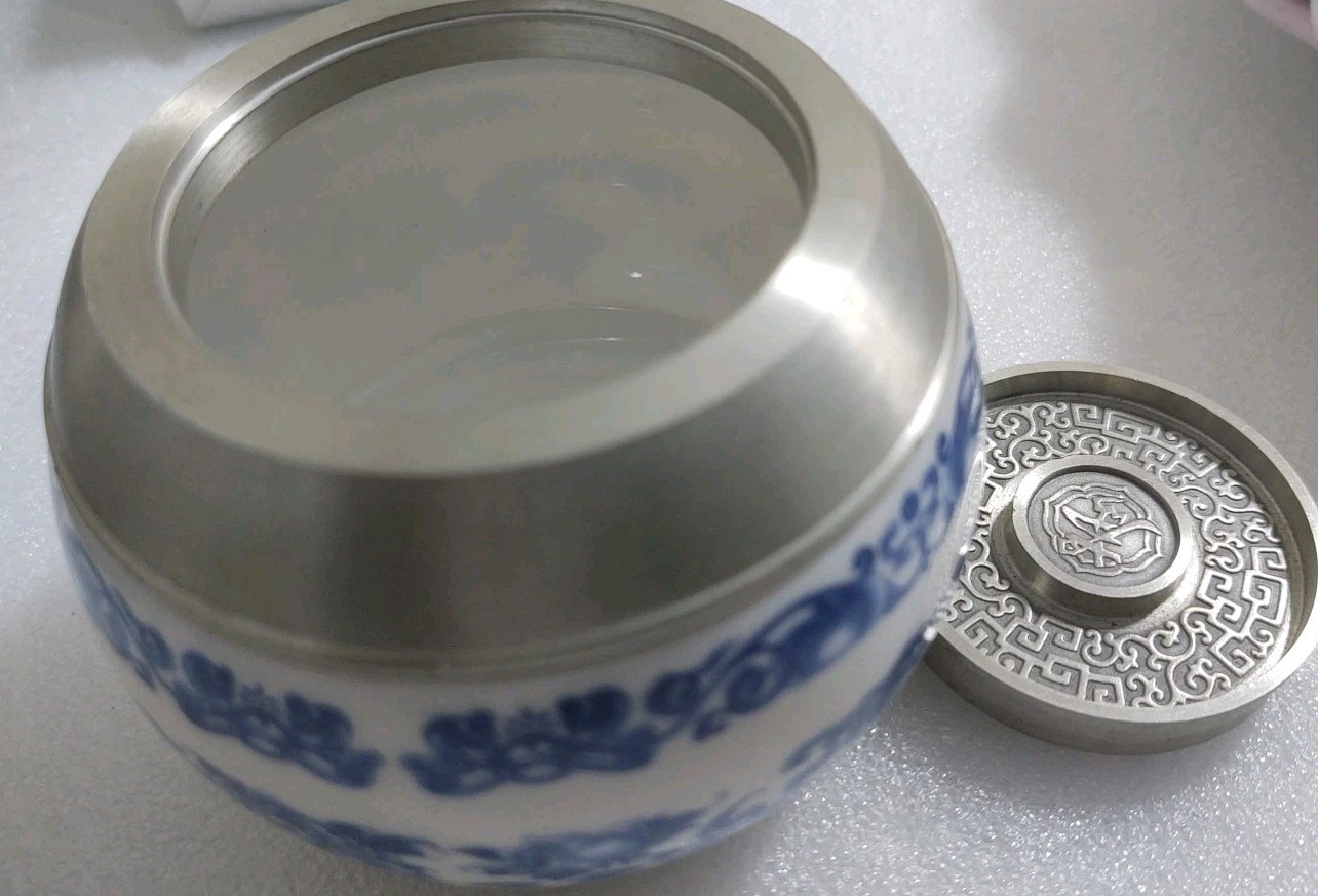 Chinese Alluminum & Ceramic Funeral URN With Lid For Pet Ashes 4″ X 3.5″