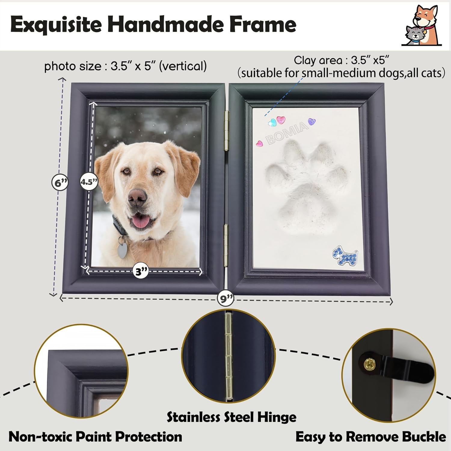 Black Pet Paw Print Kit with Frame, Trinkets & Clay for Memorial Keepsake