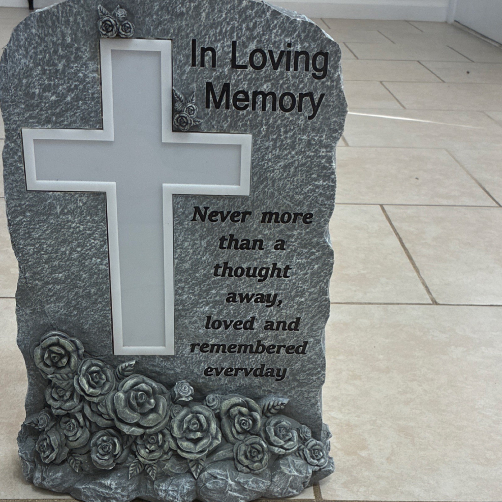 Solar Powered Engraved Memorial Plaque with Cross and Roses, In Loving Memory
