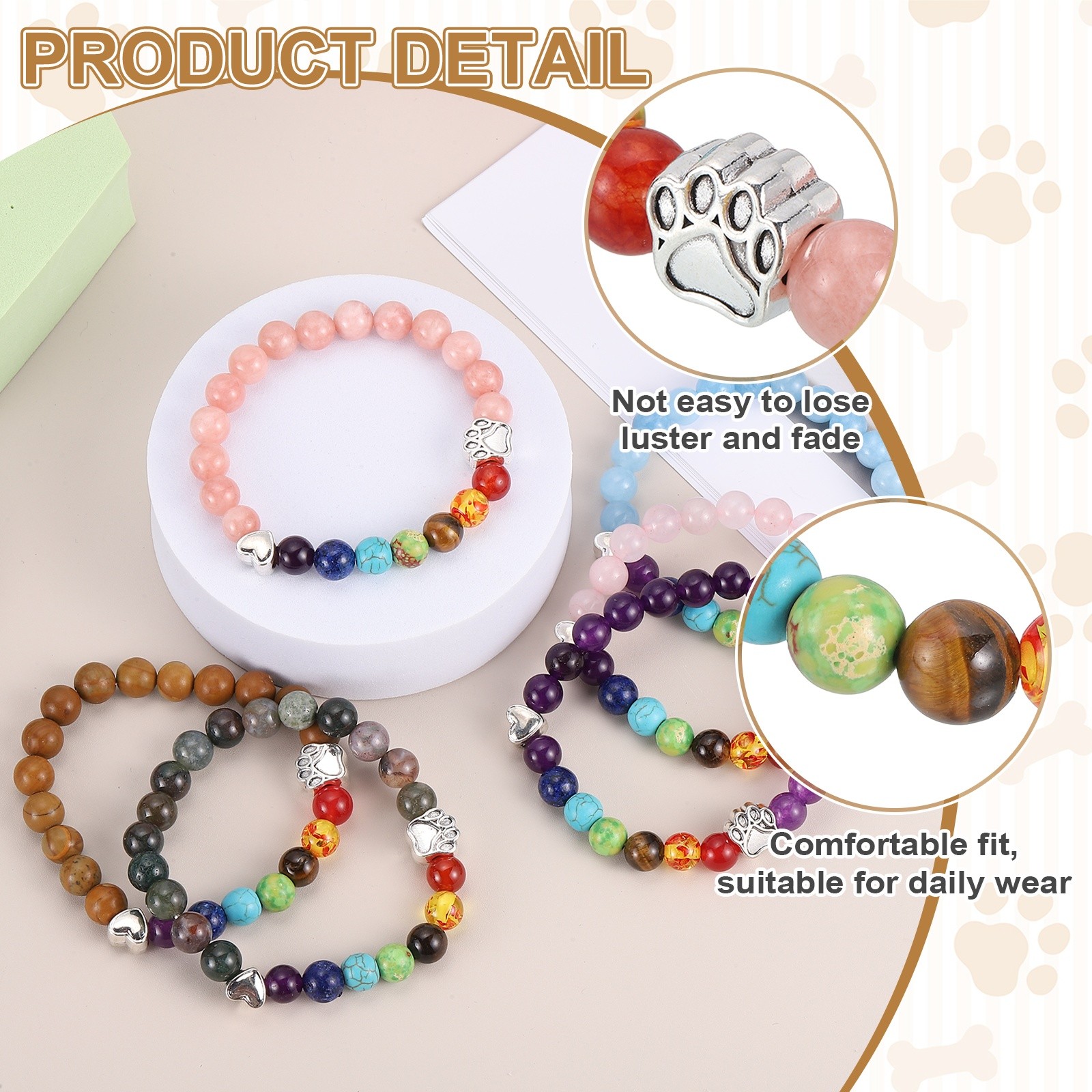 Stone Paw Bracelet,Heart Rainbow Paw Print Dog Mom Memorial Bracelet,Pink Orange