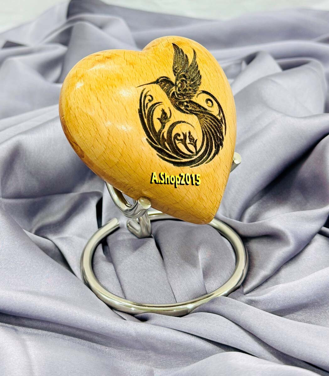 Wooden Urn for Human Ashes Adult with Stand | Small Heart Shape Hummingbird Urns