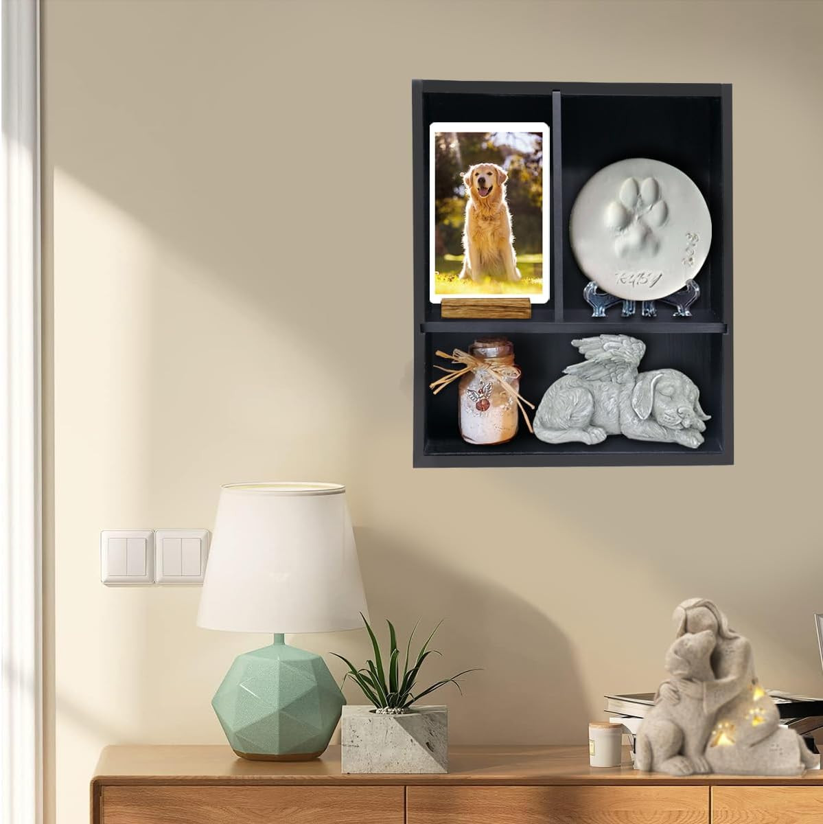 Pet Memorial Deep Shadow Box with Shelves for Dogs or Cats,Solid Wood Pet Memory