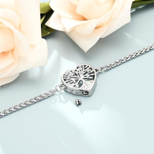 Cremation Jewelry Tree of Life Heart Urn Bracelet for Human Ashes for Silver