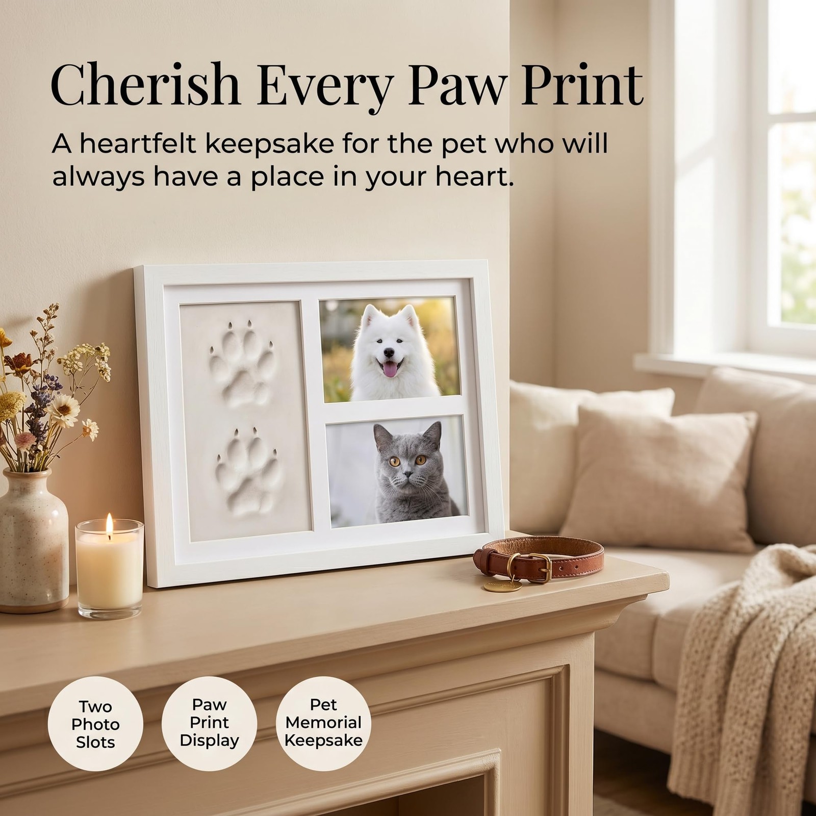 Pet Paw Print Picture Frame,White Wood Dog and Cat Keepsake Frame with 2 Phot…