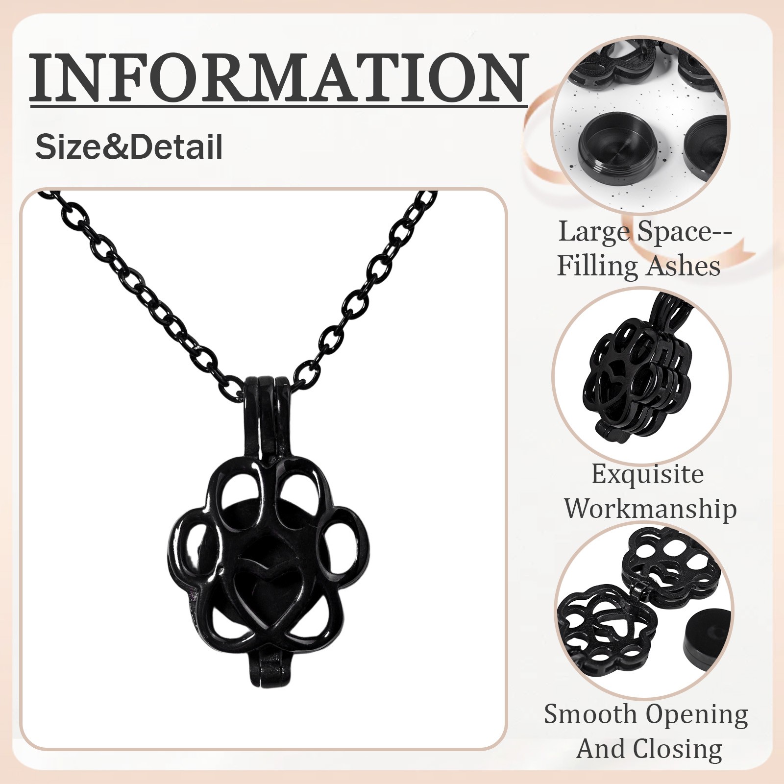 Black Paw Print Heart Pet Ashes Memorial Necklace with Inner Box For Dog&Cat