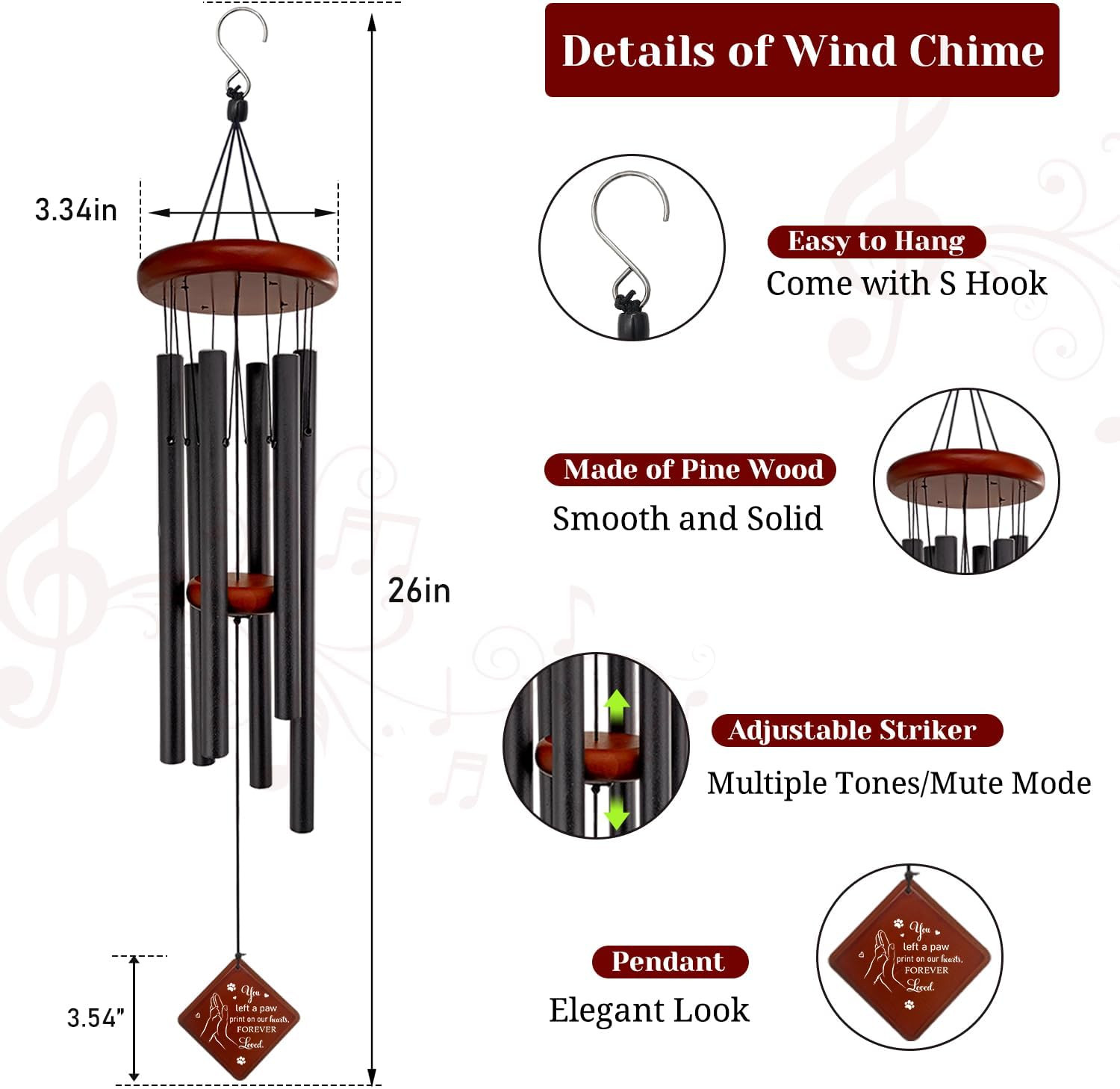 Pet Memorial Gifts for Loss of Dog, 26″ Pet Memorial Wind Chimes for Outside, Lo