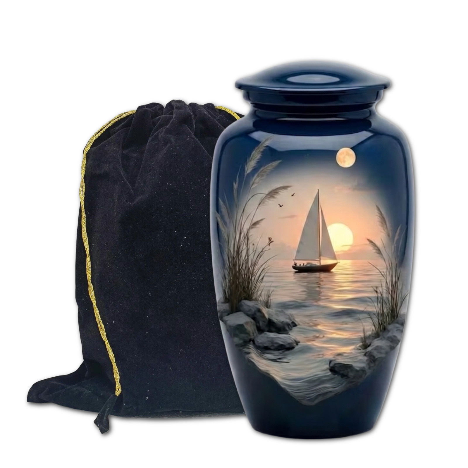 Sailboat Ocean Sunset Moonlight Cremation Urn for Human Ashes 190 Cu In Adult